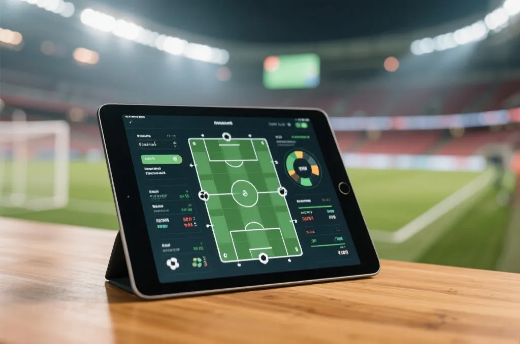 A modern tablet displaying tactical football analytics on a wooden desk with a blurred soccer stadium background